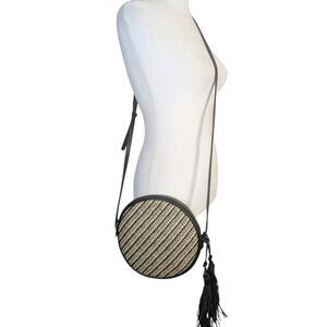 Patricia Nash Circle Black & natural stripe basket woven tassel crossbody bag